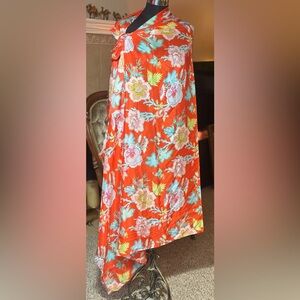 Natori Orange Floral 100% Silk Scarf/Sarong/Paréo with Multicolor Blooms
